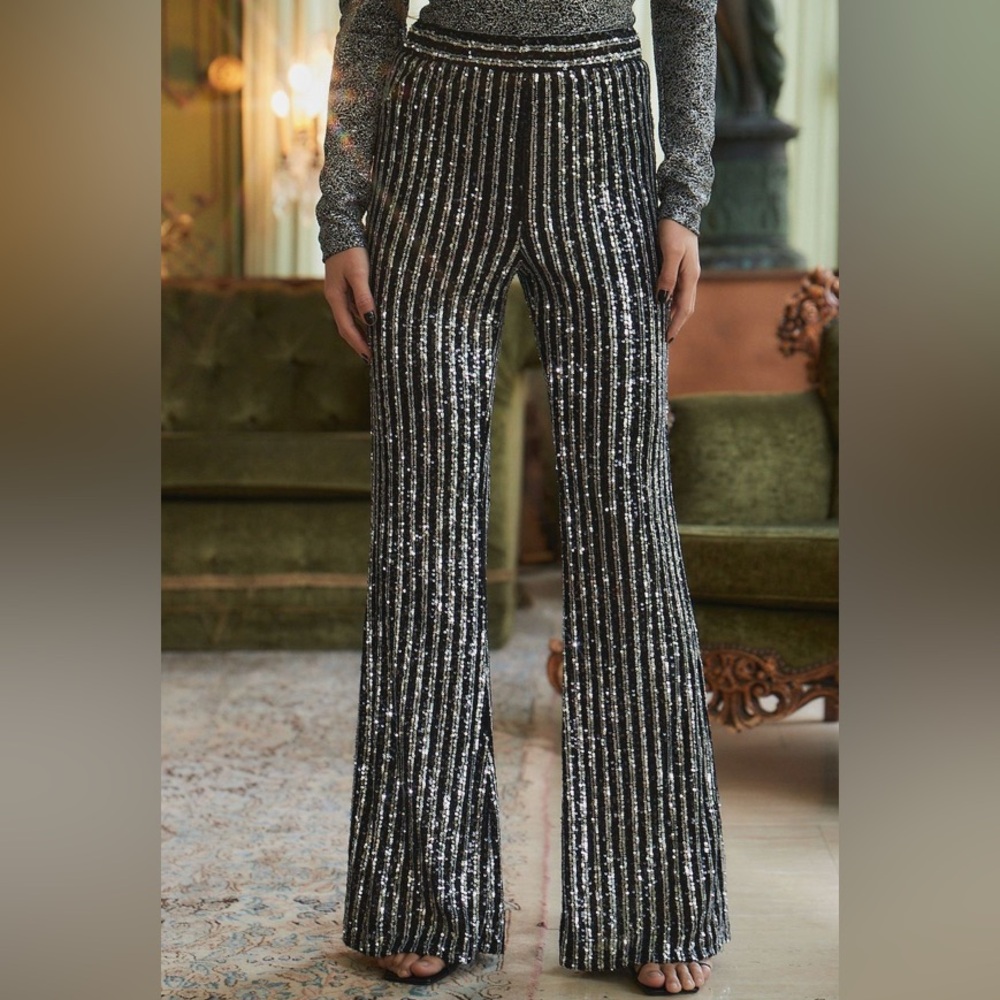 12th Tribe Raiders Black & Silver Striped Sequin Pants